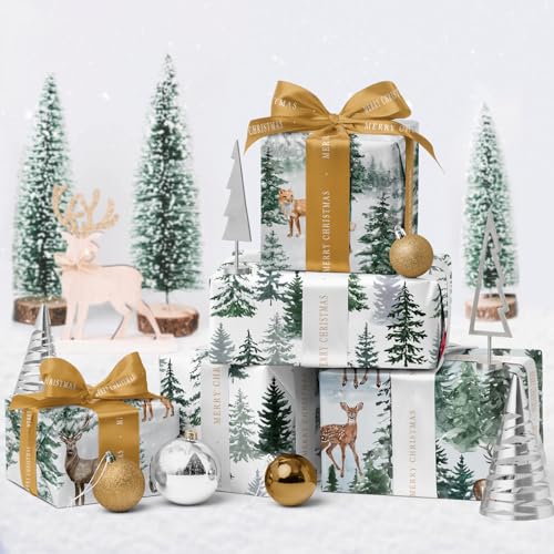WRAPAHOLIC Kraft Christmas Wrapping Paper Roll - Mini Roll - 3 Rolls - 17 Inch x 120 Inch Per Roll - Watercolor Elk, Wild Animal and Winter Forest Landscape Holiday Collection - color: Blue Wild Animals
