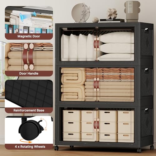 1288QT Extra Large Stackable Storage Bins with Lids & Wheels - color: Black-80Gal, size: 4Pack with 1 top lid