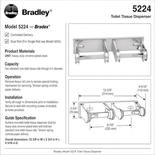 Bradley 5224 Tension Spring Control Dual Roll Toilet Paper Dispenser - color: Tension Spring Control