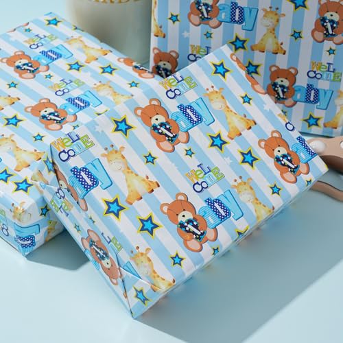 ZINTBIAL Baby Shower Wrapping Paper Roll - Blue Animal Heart Theme Newborn Gift Wrap Paper for Boy Baby Shower, Children's Christening, Birthday, New Mommy - 17.5 in x 16.5 ft，Cut Lines on Back - color: Baby Shower-Blue