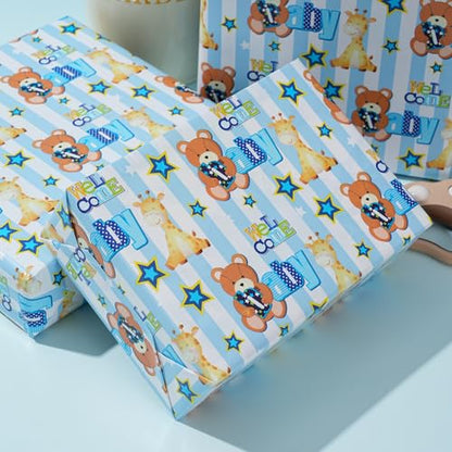ZINTBIAL Baby Shower Wrapping Paper Roll - Blue Animal Heart Theme Newborn Gift Wrap Paper for Boy Baby Shower, Children's Christening, Birthday, New Mommy - 17.5 in x 16.5 ft，Cut Lines on Back - color: Baby Shower-Blue