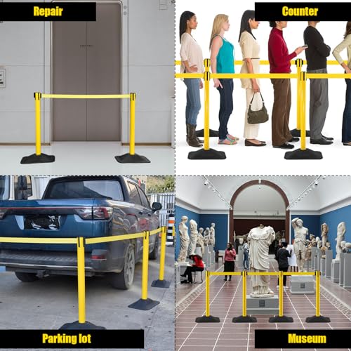 10 ft Crowd Control Stanchion Set, Yellow Crowd Control Barrier with Retractable Belts & Rubber Base, Queue Management Stanchion (4 Pack) - size: Rubber Base-4 Pack