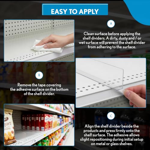 Clip Strip 50 Pack Shelf Dividers for Retail Stores, 1" H x 9-9/16" L, 15 mil Crystal Clear PVC Adhesive Mount Retail Shelf Separator Corp., SD-1510