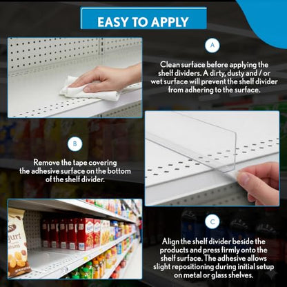 Clip Strip 50 Pack Shelf Dividers for Retail Stores, 1" H x 9-9/16" L, 15 mil Crystal Clear PVC Adhesive Mount Retail Shelf Separator Corp., SD-1510