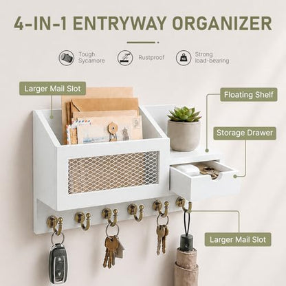 FifthQuarter Key Hanger Wall Mount with Drawer and 6 Sturdy Hooks, B-White - color: B-White