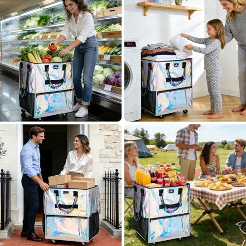 Large Reusable Grocery Bag On 5 Wheels, 130L Foldable Rolling Tote Bag - color: Gradient Silver, size: Large
