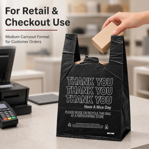 Black Thank You T-Shirt Bags, 10 x 5 x 18 in, 14 Micron, 1000 Count