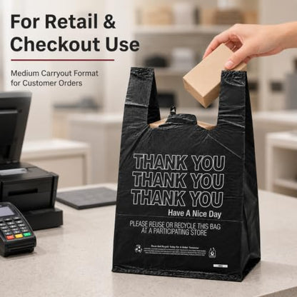 Black Thank You T-Shirt Bags, 10 x 5 x 18 in, 14 Micron, 1000 Count