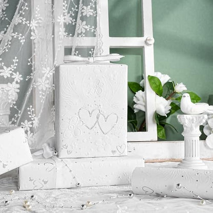 LeZakaa Wedding Kraft Wrapping Paper Roll, Doves Flowers 3D Embossed & Silver Foil Hearts Design Party Gift Wrap for Wedding Bridal Shower Anniversary Mothers Day Birthday,Mini Roll,17 In x 16.4 Ft - color: Silver hearts, size: 17 in x 16.4 ft