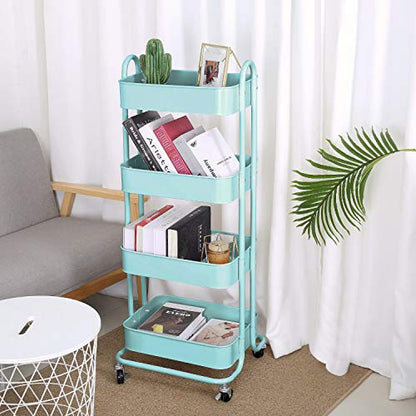 Melody House 4-Tier Metal Mesh Utility Rolling Cart Storage Organizer Shelf Rack with Lockable Wheels for Living Room Kitchen Office, Turquoise - color: B-turquoise