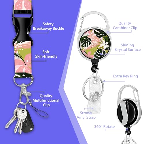 Tropical Palm Leaves Badge Holder with Retractable Reel Clip,Boho Flowers Lanyards for Id Badges,Plastic Case with Carabiner Clip Vertical ID Card Protector for Women Student Office Gifts - color: Tropical Palm Leaves Boho Flowers