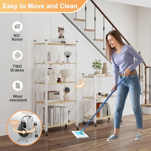 5-Tier Foldable Storage Shelves with Wheels Wood Grain Transfer - color: Natural, size: 5 Tier