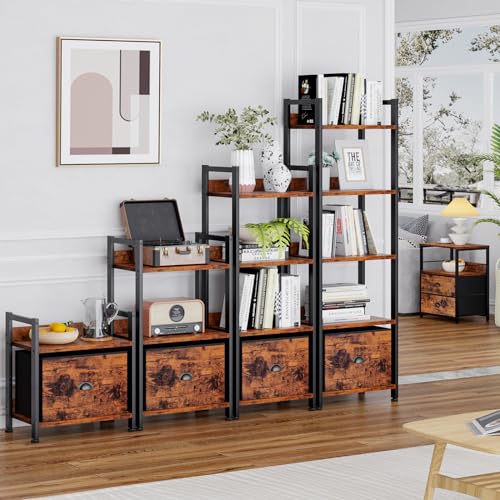 Furologee 4 Tier Bookshelf with Drawer, Small Narrow Bookcase, Rustic Brown - color: Rustic Brown, size: 4 Tier