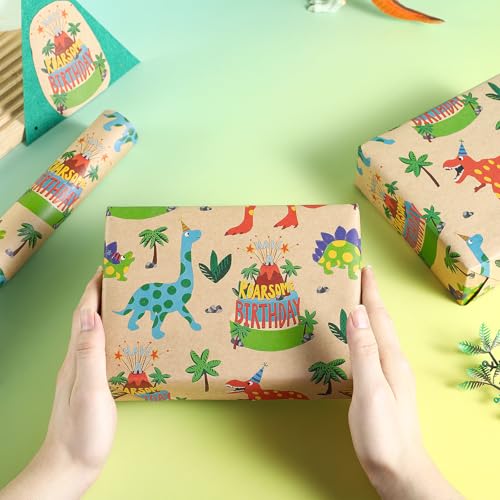 RUSPEPA Dinosaur Wrapping Paper Birthday Boy, Mini Roll, Kraft Wrapping Paper with Dinosaur and Cakes Pattern Designs, Gift Wrap for Kids, Birthday, Party and Holiday, 17 in x 16.4 ft - color: Dinosaur and Cake, size: 17 in x 16.4 ft