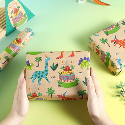 RUSPEPA Dinosaur Wrapping Paper Birthday Boy, Mini Roll, Kraft Wrapping Paper with Dinosaur and Cakes Pattern Designs, Gift Wrap for Kids, Birthday, Party and Holiday, 17 in x 16.4 ft - color: Dinosaur and Cake, size: 17 in x 16.4 ft