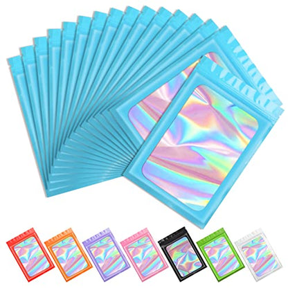 Funfery 100pcs Blue Mylar Holographic Bags-Resealable Zipper&Clear Window - color: Blue, size: 3.5 x 6.3 Inch