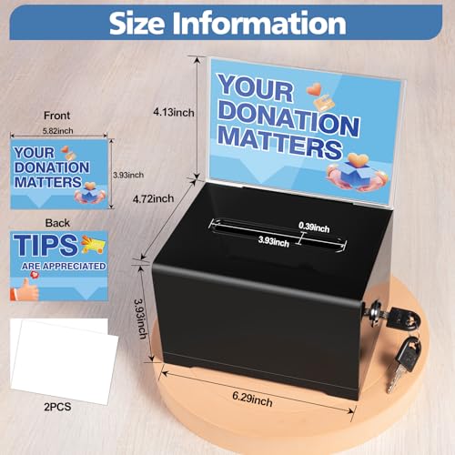 Polmart black Donation Box with Lock - Secure Ballot Box with Removable Sign Holder & 2 Keys - for Money, Cards, Votes, Tickets, Feedback Collection (4.75"D x 6.29"W x 8"H) - color: Black with Sign Holder