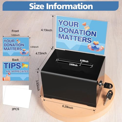 Polmart black Donation Box with Lock - Secure Ballot Box with Removable Sign Holder & 2 Keys - for Money, Cards, Votes, Tickets, Feedback Collection (4.75"D x 6.29"W x 8"H) - color: Black with Sign Holder