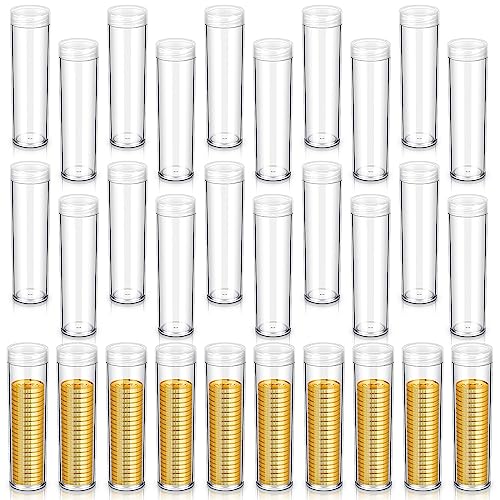 Tanlade 30 Pcs Coin Storage Tubes Coin Capsules Penny Coin Tube Clear Round 5 Cents Coin Storage Tube Holders with Screw on Lid for Coin Collection Supplies Bank Rolls