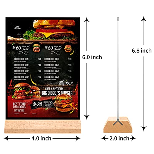 Acrylic Sign Holder 4 x 6 - Wedding Table Number Holder with Wood Base, Double Sided Picture Frames, 6Pack Clear Table Menu Display Stand for Centerpiece,Decoration,Party,Restaurants Office Store