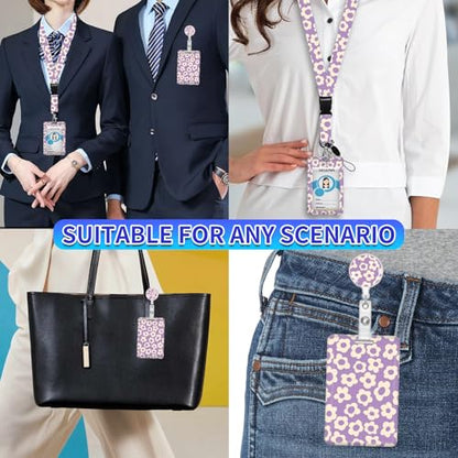 ID Badge Holder with Lanyard,Fashionable Retractable Badge Holders Reels with Lanyards Adjustable, for Women Kids Teacher Nurses Doctor Student(Purple Groovy Flower) - color: Purple Groovy Flower