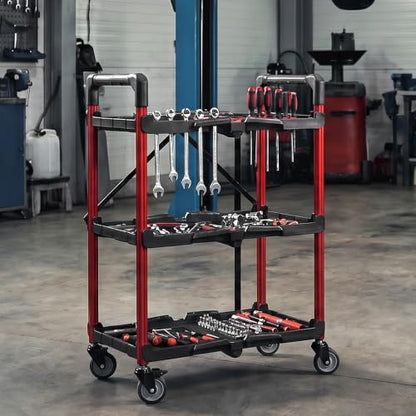 WORKPRO 3-Tier Collapsible Utility Cart, 210 LBS Cart with Wheels - color: Black/Glossy Red