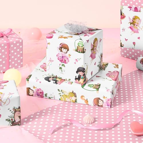 WERNNSAI Fairy Wrapping Paper Roll, 16.4ft Pink Fairy Birthday Wrap Paper - color: Fairy Tale