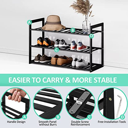 Jripae 3 Tier Bamboo Shoe Rack for Entryway Closet Bedroom Garage-27.5inch - color: Black, size: 3 tier 27.5*10.5*17inch
