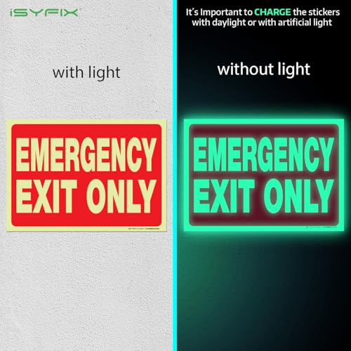 iSYFIX Emergency Exit Only Glow in the Dark Signs, 10x7 Inch, 2 Pack - size: 2 Pk 10x7, style: Sticker Glow