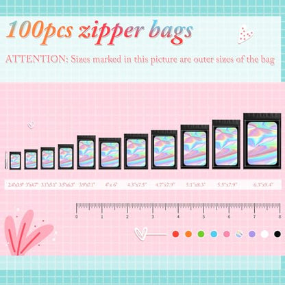 Funfery 100pcs Black Mylar Holographic Bags-Resealable Zipper&Clear Window - color: Black, size: 4 x 6 Inch