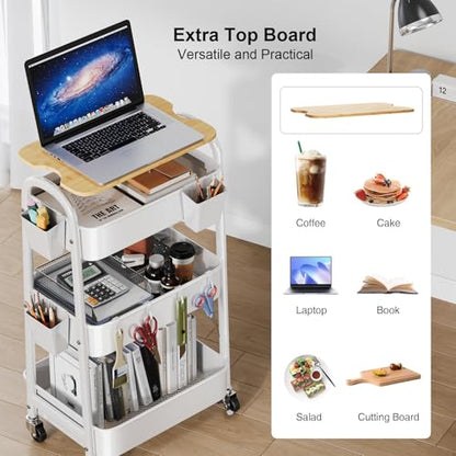 3 Tier White Metal Heavy Duty Rolling Cart with Wheels and Wooden Table Top - color: White