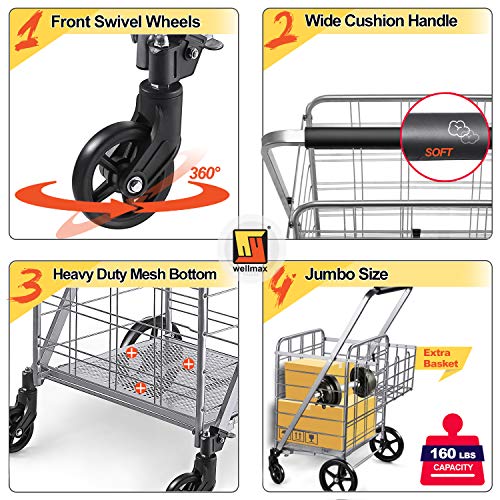 Wellmax Heavy Duty Grocery Cart, Metal Folding Shopping Cart, 160 lb Max - size: Jumbo
