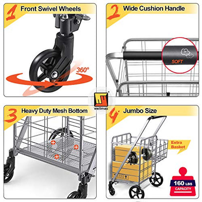 Wellmax Heavy Duty Grocery Cart, Metal Folding Shopping Cart, 160 lb Max - size: Jumbo