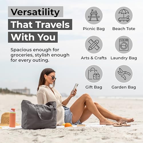 VeraMia Canvas Grocery Bag 3pc XL Set with Real Pockets, Long Shoulder Strap and Short Handle. Heavy Duty, Foldable, Washable - color: Grey