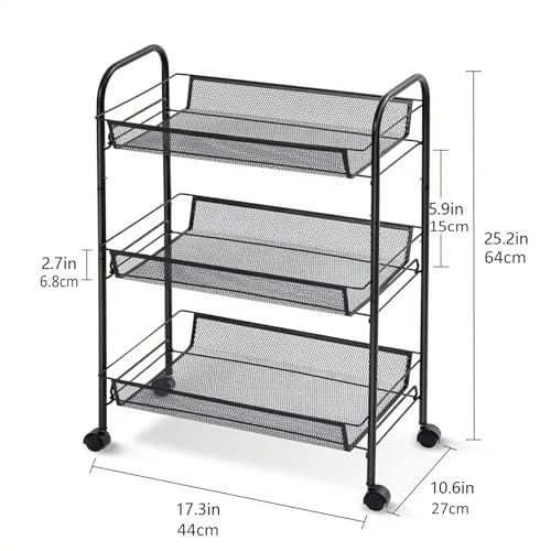 3 Tier Metal Rolling Storage Cart Movable, with Wheels, Black - color: Black