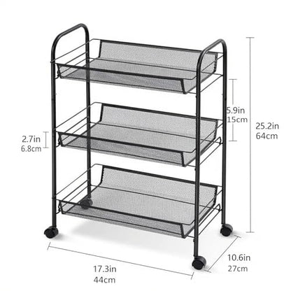 3 Tier Metal Rolling Storage Cart Movable, with Wheels, Black - color: Black
