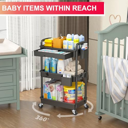 Goovilla 3 Tier Rolling Utility Cart Organizer with Removable Drawer, Black - size: 3 Tier, style: Black