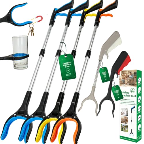 6-Piece Reacher Grabber Set - 32" Foldable Aluminum Pickup Tool with Swivel Claw & Magnet (4 Pack) + 16" Stainless Steel & 12" Iron Mini Grabbers, Heavy Duty Trash Picker & Garden Nabber - color: 32"blue&yellow&orange+16"gray+12"black - 6pack