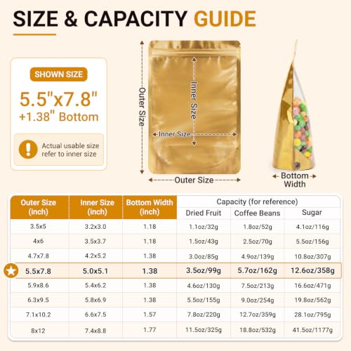 ANZNKU 100PCS Mylar Bags Resealable Small Smell Proof Bags(Gold, 5.5x7.8) - color: Gold, size: 5.5x7.8"