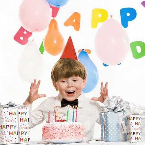 Ulmasinn Reversible Birthday Wrapping Paper Roll - 17” x 16.4 Ft, Double Sided Happy Birthday & Blue Polka Dots for Boys Girls Kids Party - color: Happy Birthday & Blue