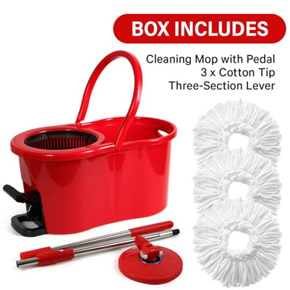 Pedal Spin Mop and 7LT Bucket Floor Cleaning System with 3 Extra Microfiber Mop Replacement Refills - Labor-Saving Foot Pressure Spin Mop with Adjustable Stainless Steel Handle for Floor Cleaning