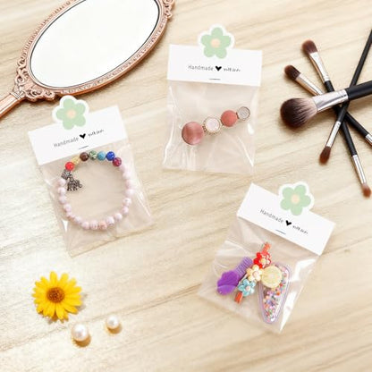joycraft Jewelry Packaging for Small Business – 100Pcs White Bracelet Display Cards with Clear Bags, Small Handmade Jewelry Display Set for Bracelets, Key Chains, Earring, DIY Craft - color: White with Green