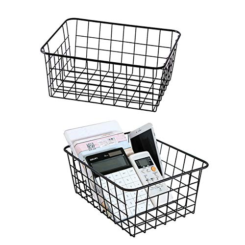 Metal Wire Storage Basket with Handles for Kitchen Food Pantry Papers Home Office Desk Shelf Bathroom Laundry Room Shelf Bedroom Bed Room, 2PCS (Black) - color: 2PC-Black