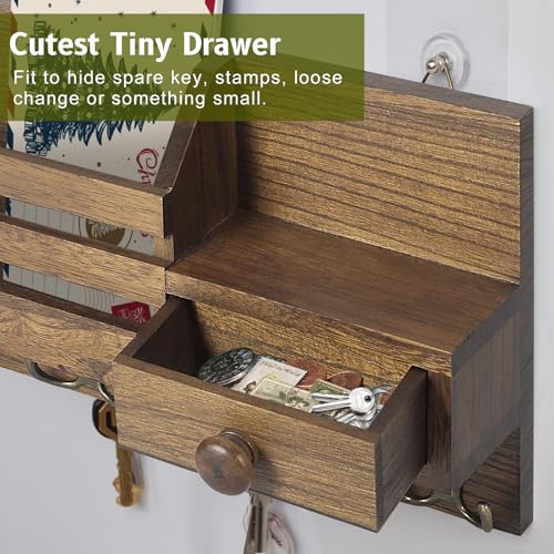 Key Holder Wall Mount, Wooden Key and Mail Organizer, Brown - color: Brown