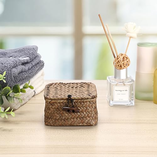 Hipiwe Mini Seagrass Basket Box Wicker Shelf Baskets with Lid, 3.5"x3.5"x2" - color: Coffee color, size: 3.5" x 3.5" x 2"