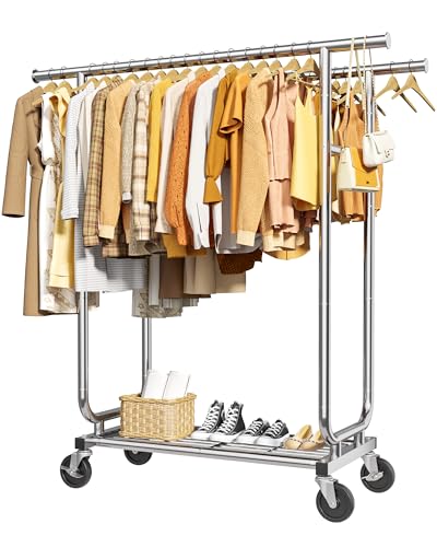 Sakugi Stainless Steel Double Rod Clothes Rack, 43.5x16.5x65.9, Black - color: Silver, size: 43.5" x 16.5" x 65.9"(2 Rods)