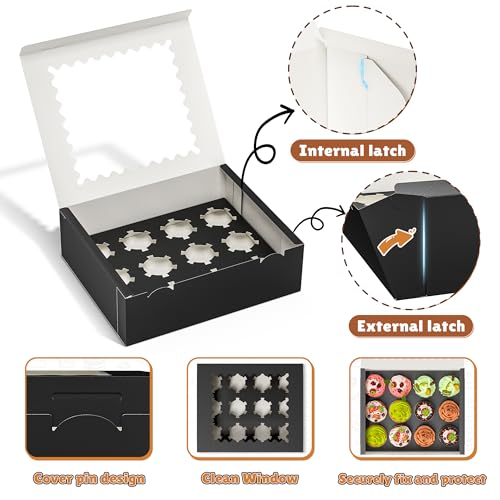 RYDDOY 4 Pack Black Cupcake Boxes, Hold 12 Count Cupcake, Cupcake Carriers - color: Black