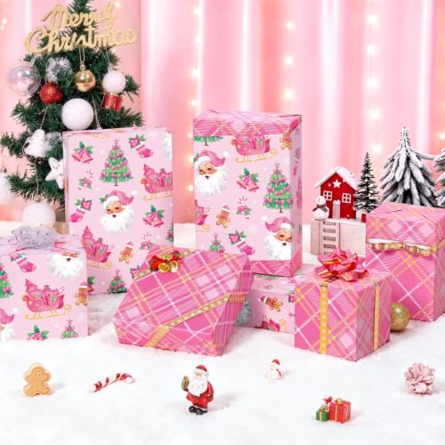 WERNNSAI Pink Christmas Wrapping Paper 17 In x 33 Ft Pink Santa Gift Wrap - color: Pink Christmas Tree