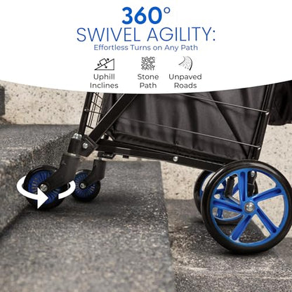 SereneLife Small Compact Folding Shopping Cart with Removable Waterproof Liner – 360° Swivel Wheels, Rust‑Proof Steel Frame, 70 lb Capacity – Portable Grocery, Laundry & Travel Cart (Blue) - color: Blue