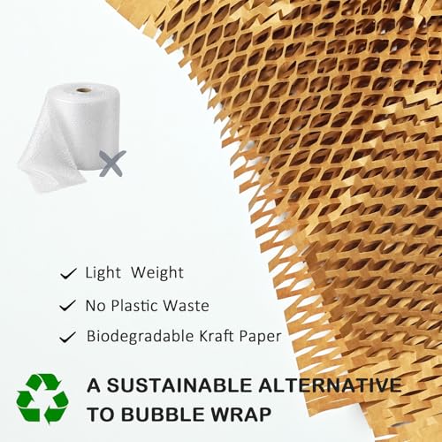 Honeycomb Packing Paper Wrap 15"x128ft Cushioning Packing Material for Moving Dishes Eco-Friendly Wrapping Paper for Glass Moving Protective Paper Bubble Wrap with 20 Fragile Stickers - size: 15" x 128 Ft